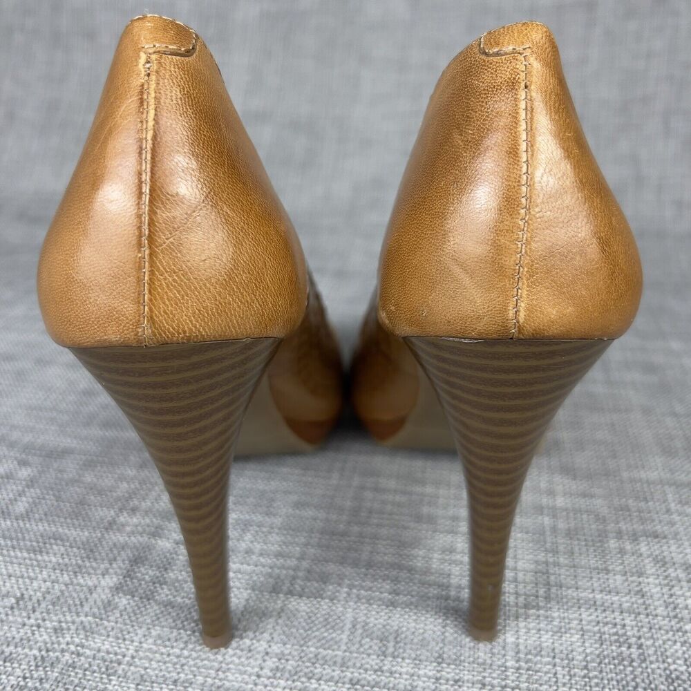 Andrew Geller Sz 7 Whisky Brown Woven Leather Platform Pumps Wood Stiletto Heels - Picture 4 of 10